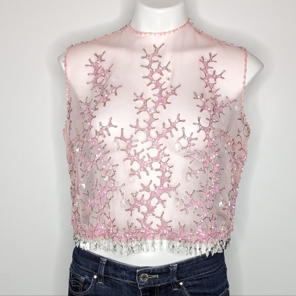 Tops - Sheer Pink Sleeveless Beaded Top M/L